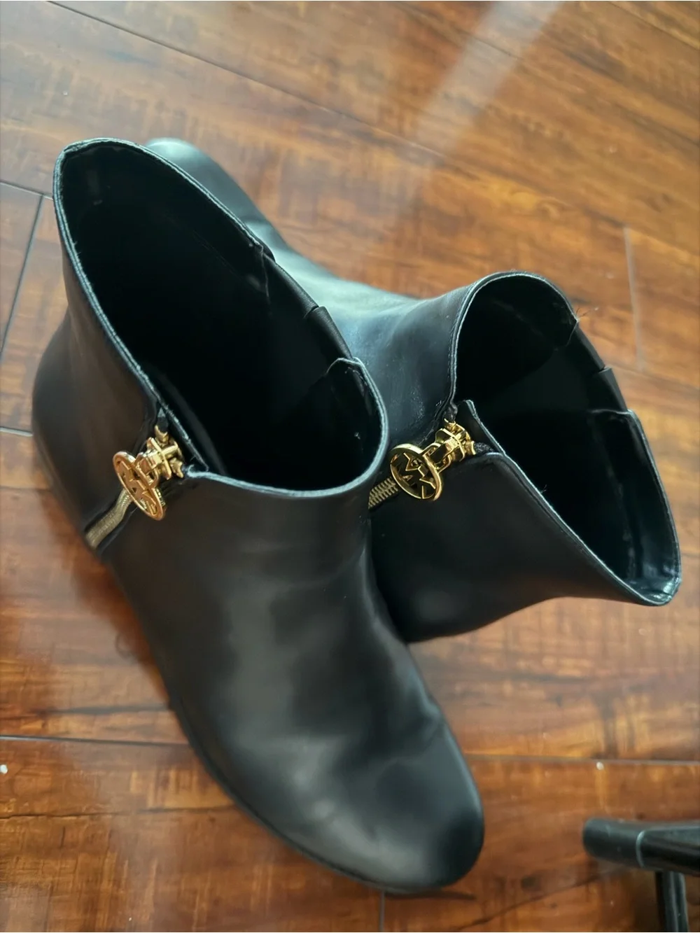 Michael Kors Black Leather Ankle Booties with Gold MK Zipper Charm